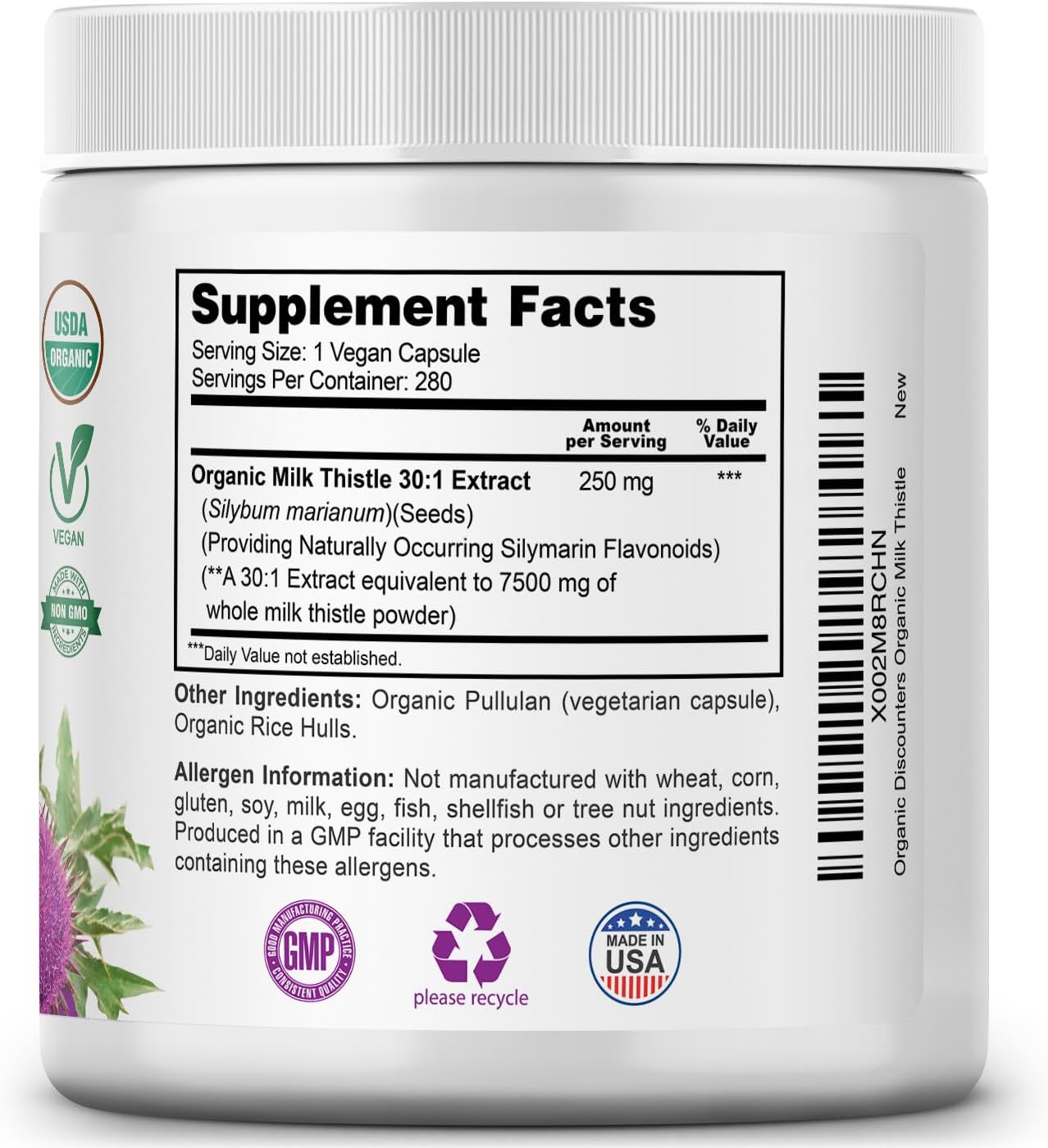 Organic Discounters supplement container with label displaying supplement facts and ingredients.