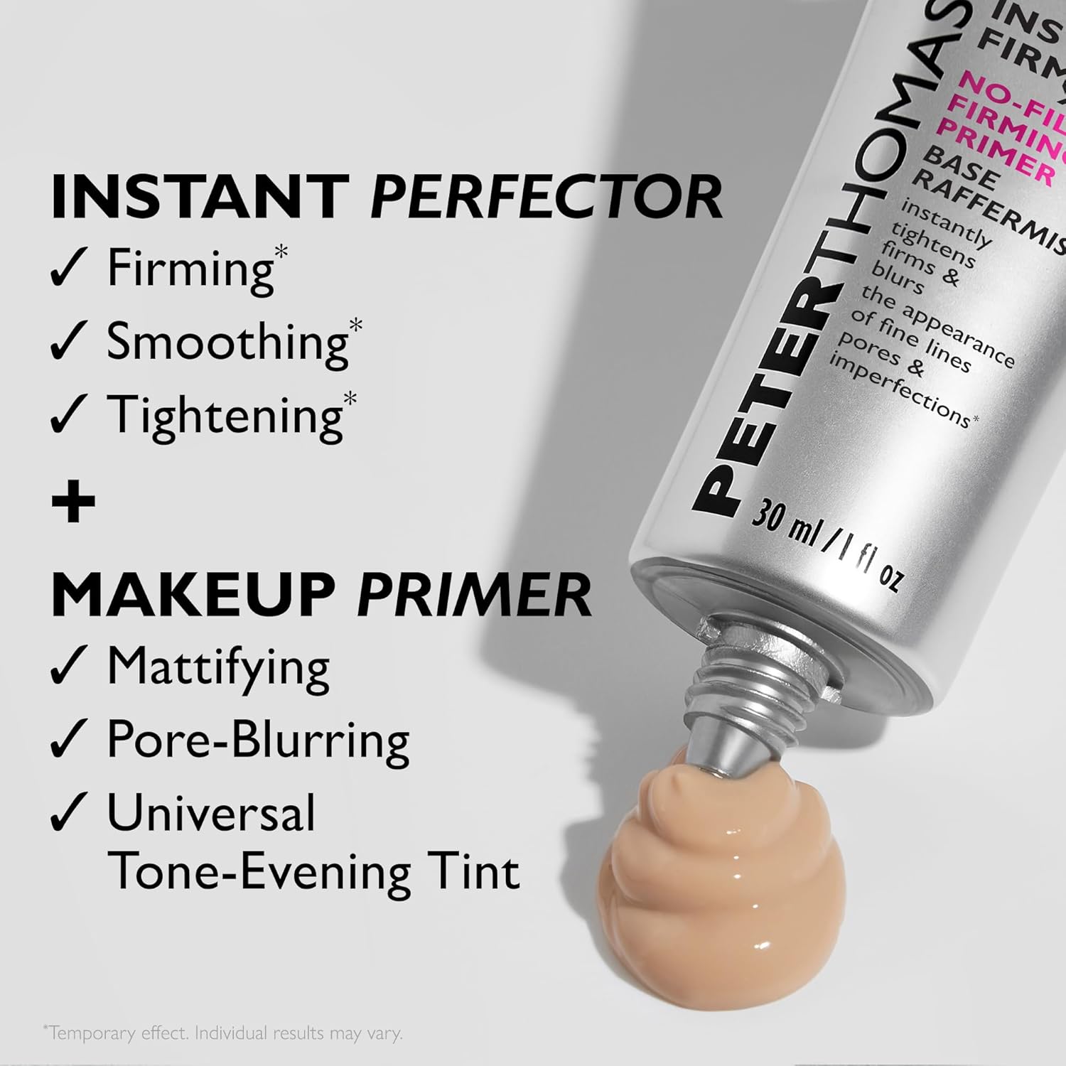 Peter Thomas Roth makeup primer tube with product application and feature list on a light gray background
