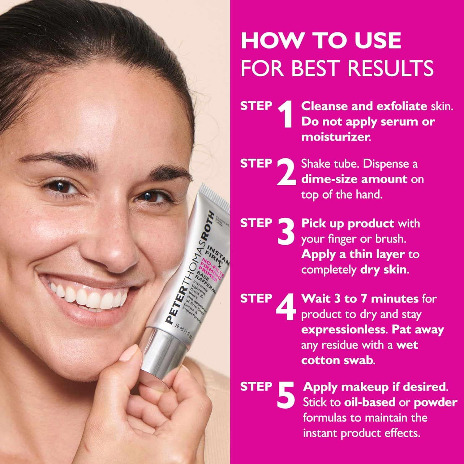 Woman holding a Peter Thomas Roth Instant Firm skincare with step-by-step instructions on a pink background