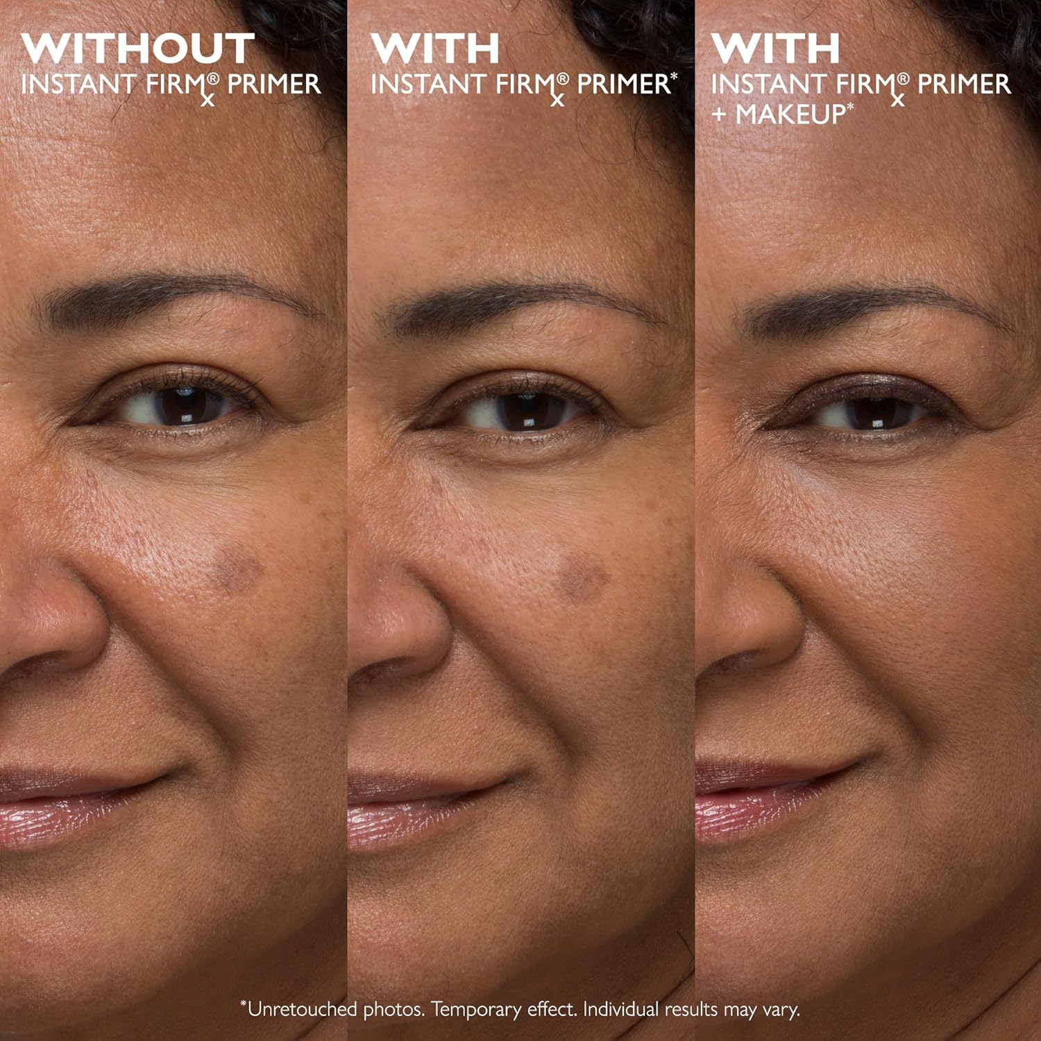 Before and after comparison of a woman's face with Instant Firm Primer and Makeup from Peter Thomas Roth.