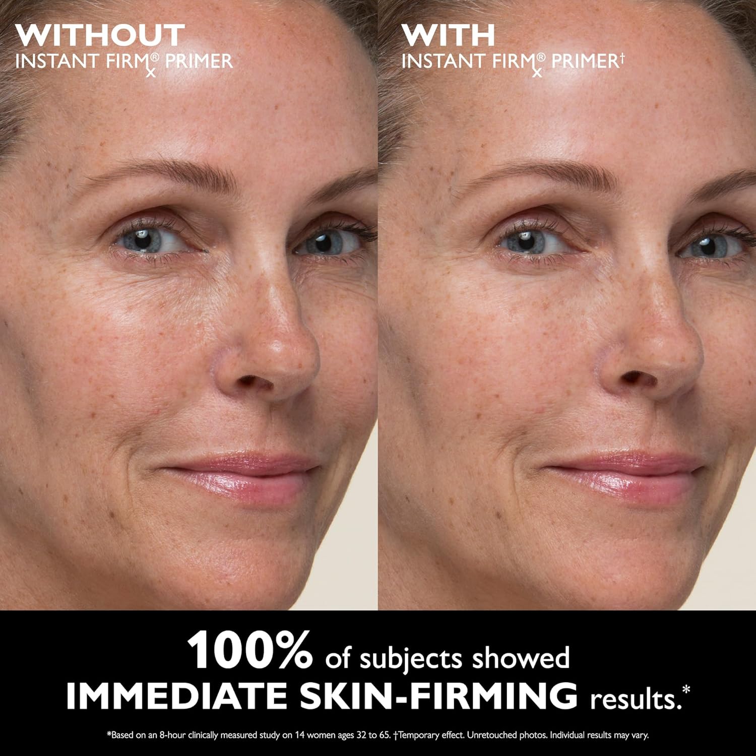 Before and after comparison of a woman's face with Instant Firm Primer from Peter Thomas Roth Cream showing immediate skin-firming results.