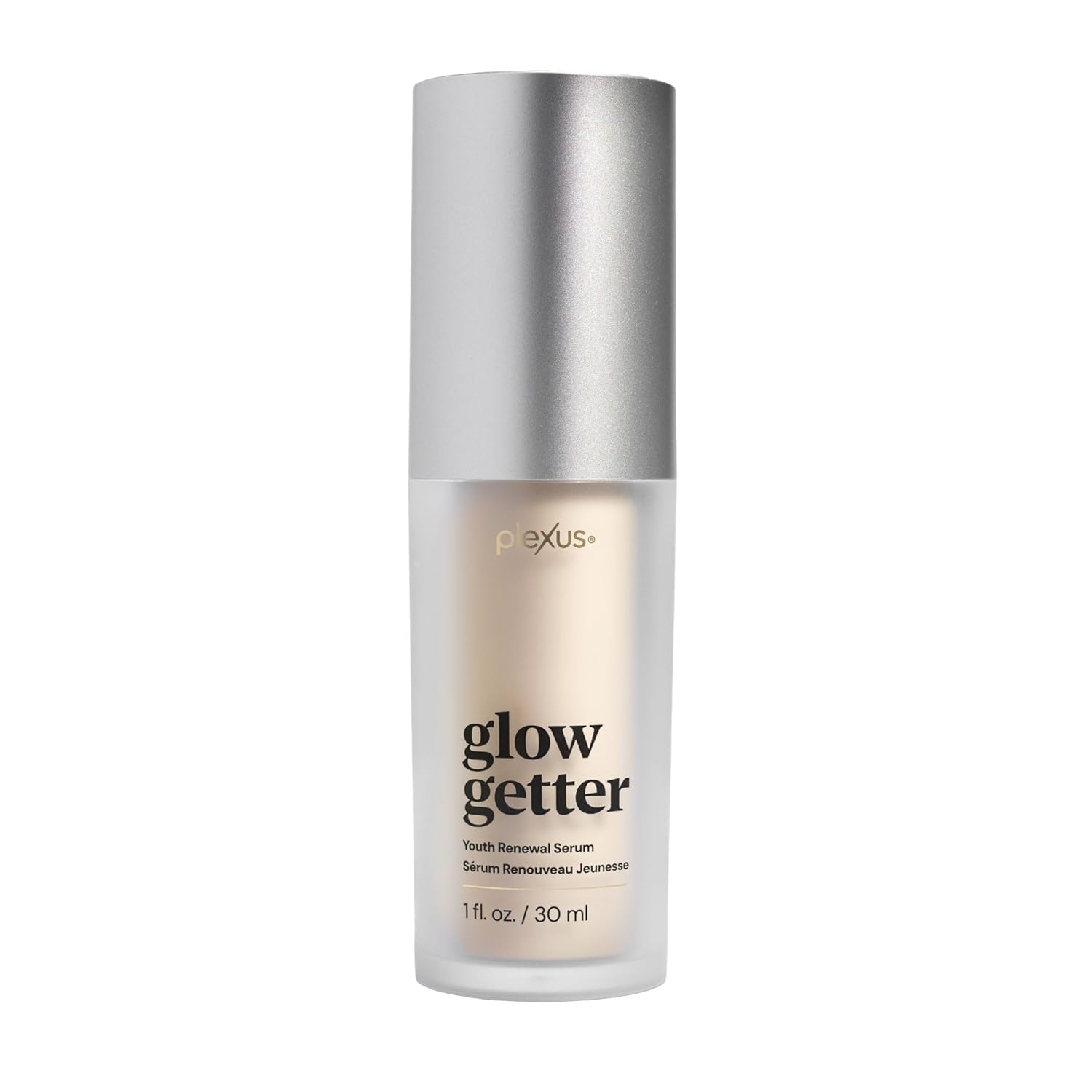 Skincare serum bottle labeled 'glow getter' by pexus on a white background