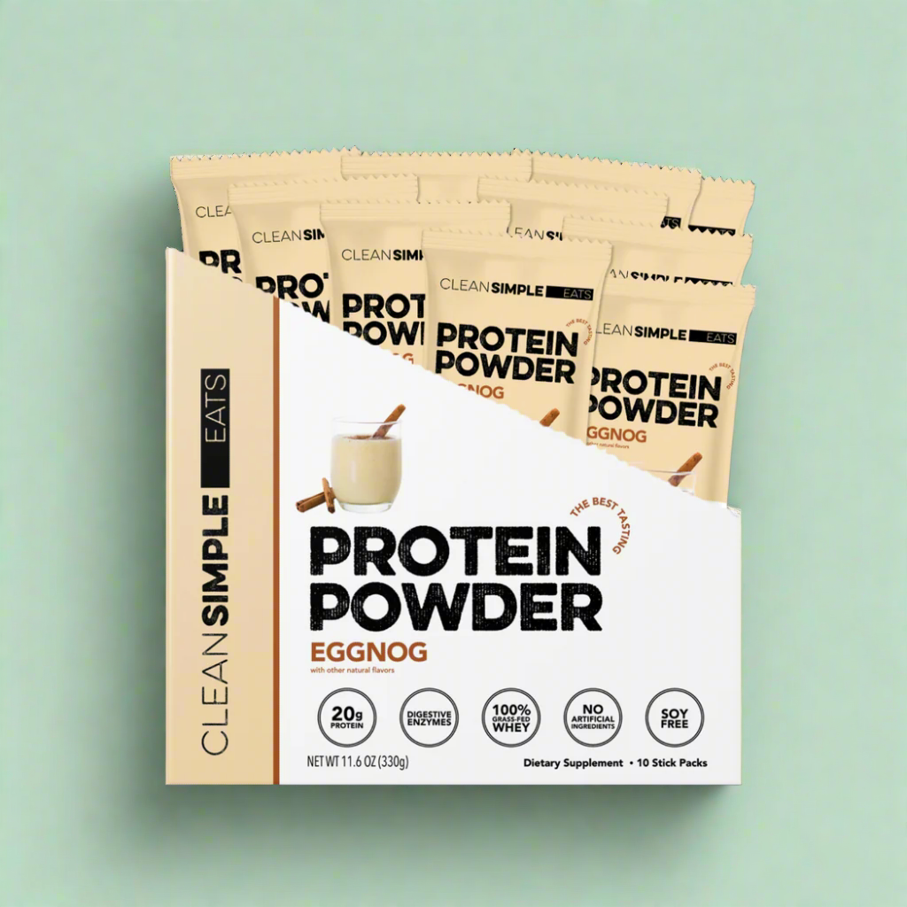 Protein powder package with 'Eggnog' flavor on a light green background