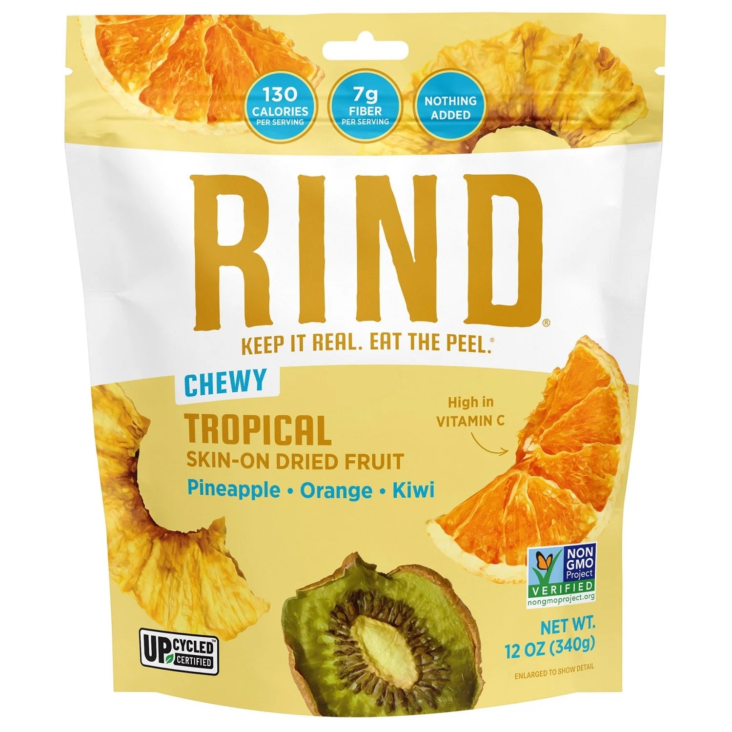 Packaging of RIND chewy tropical skin-on dried fruit with pineapple, orange, and kiwi slices.
