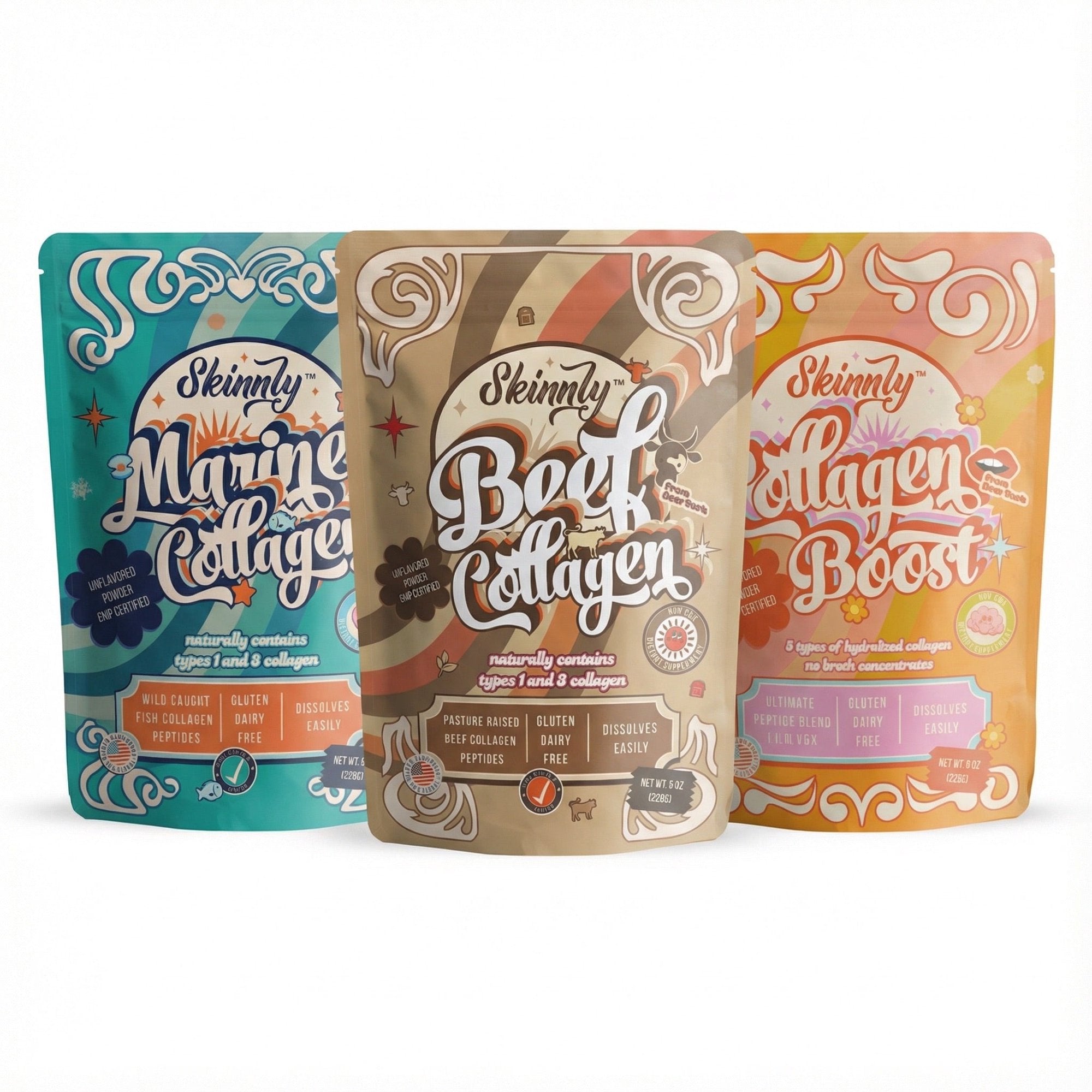 Three packages of Skinny Collagen with different flavors on a white background