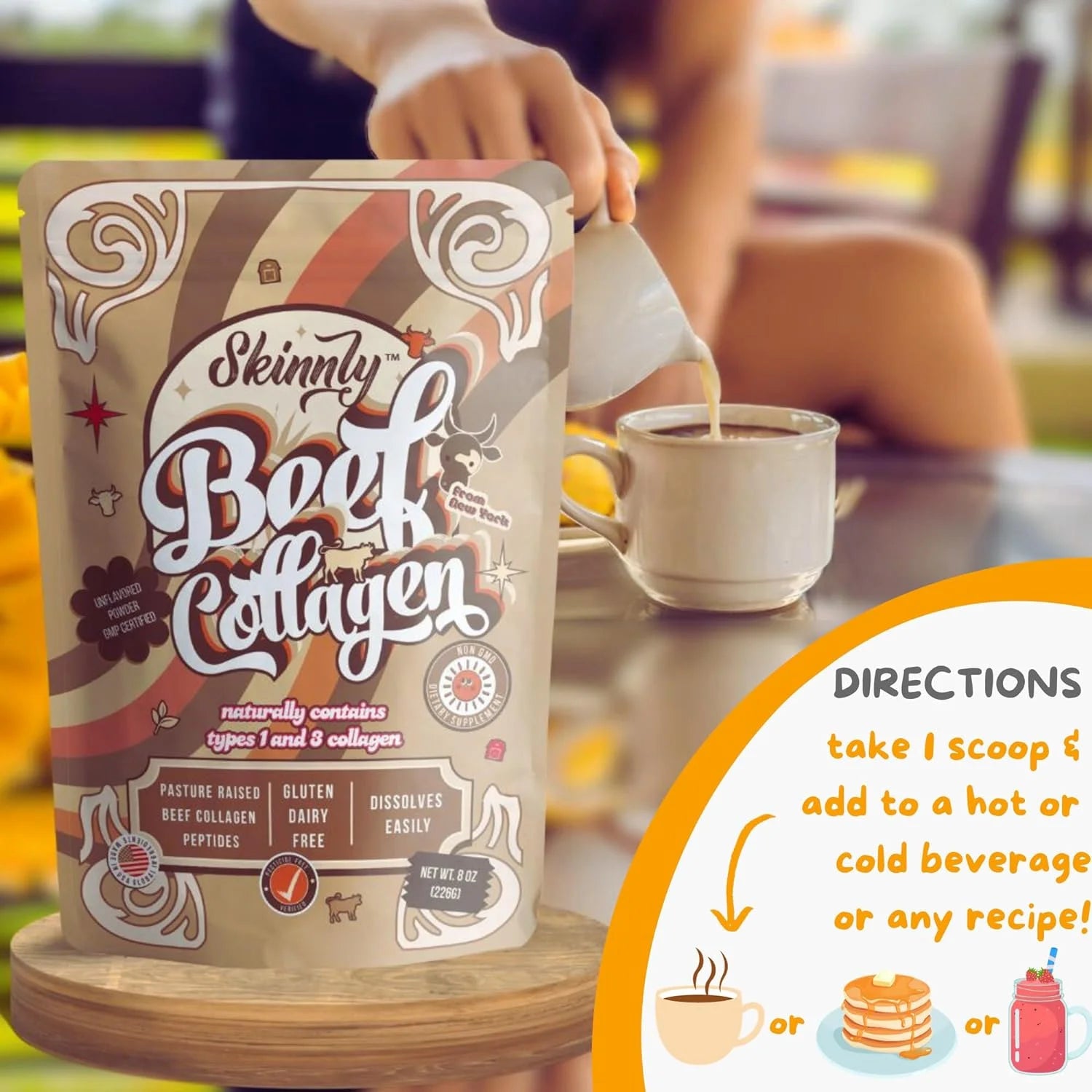Skinnly Beef collagen powder package with a person pouring it into a mug.