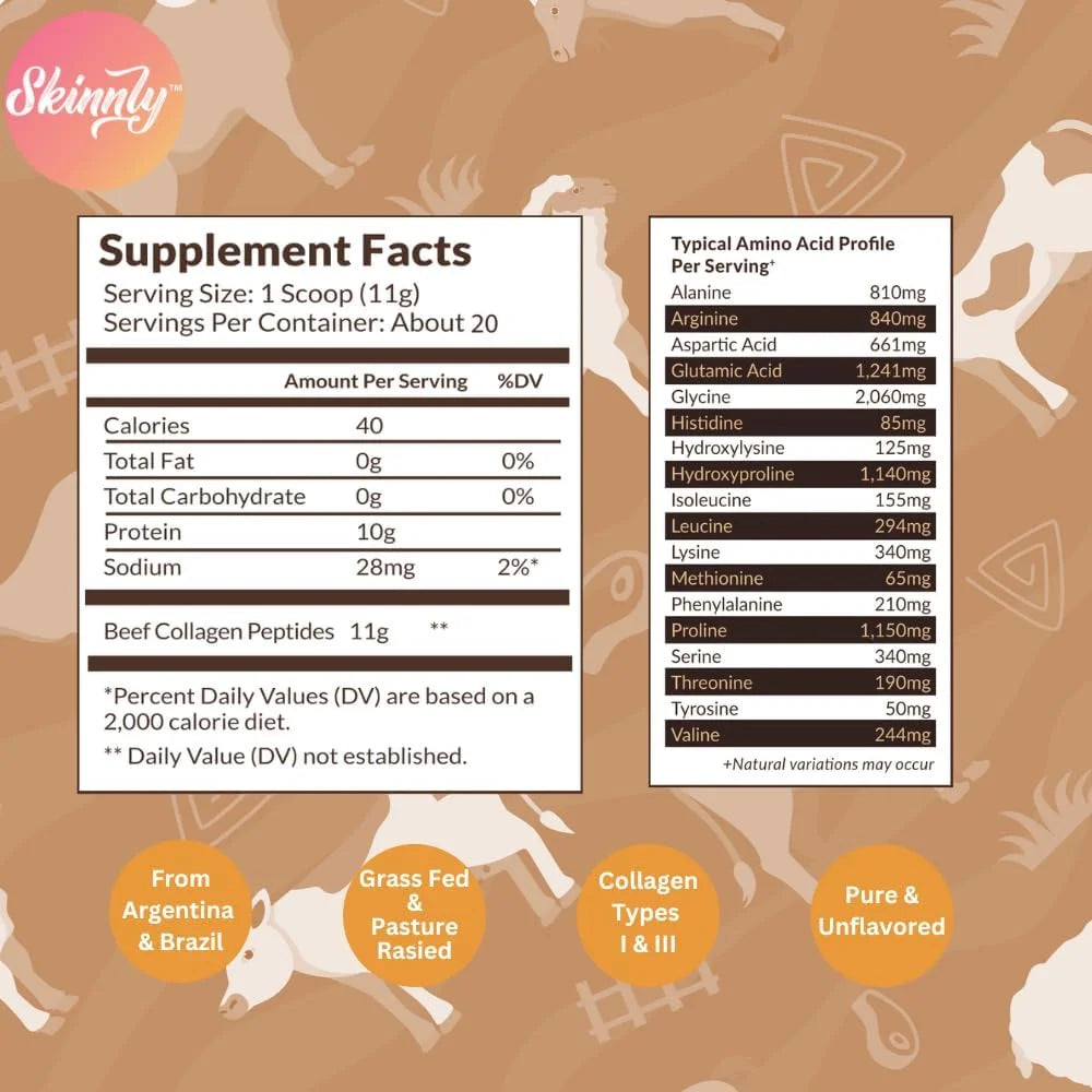 Supplement facts label for a beef collagen peptide product with a brown background featuring deer illustrations.