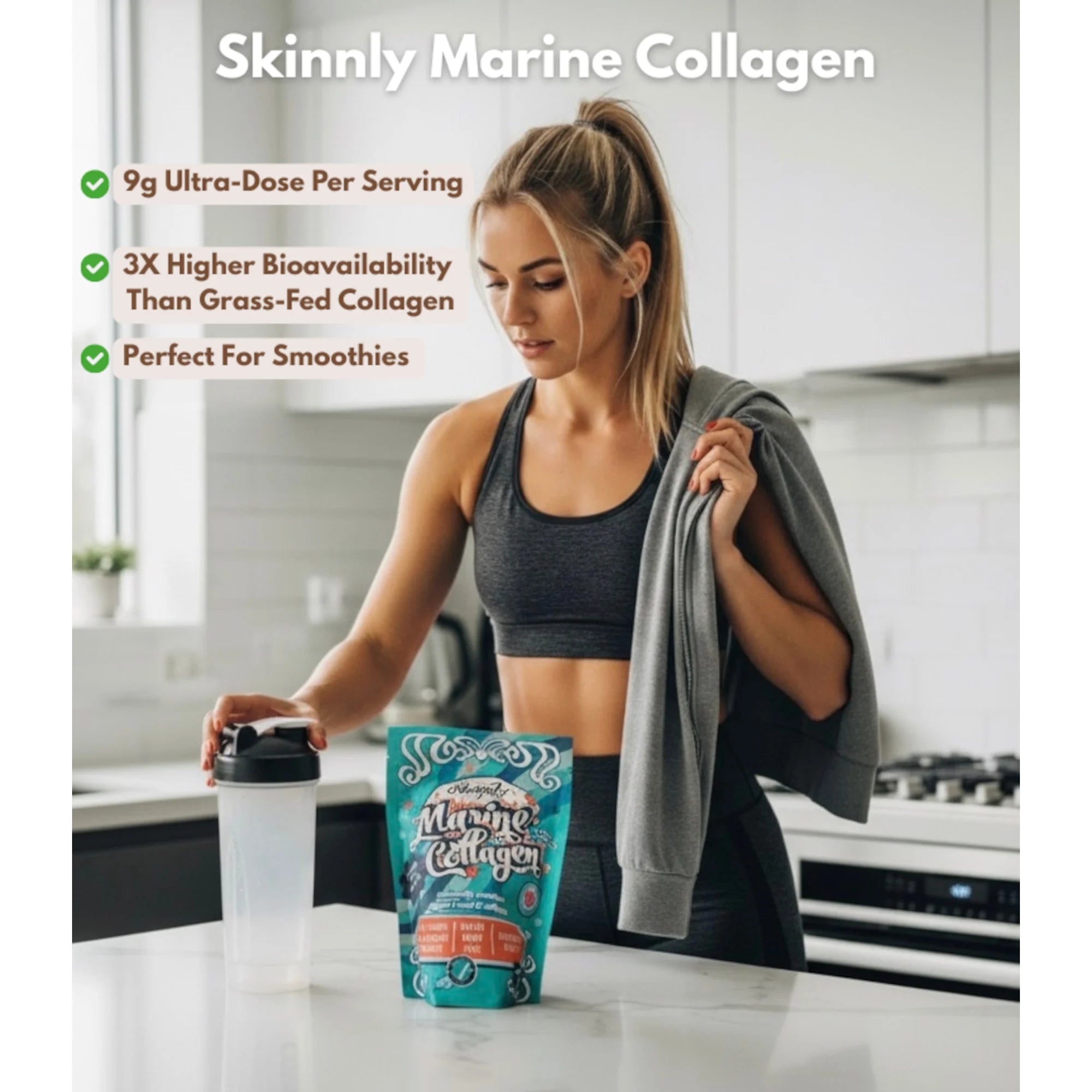 Woman in a kitchen holding a shaker and a container of Skinnly Marine Collagen.