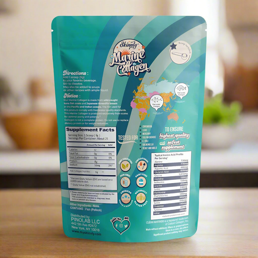 Teal package of Skinnly Marine Collagen with branding and nutritional information on a blurred background
