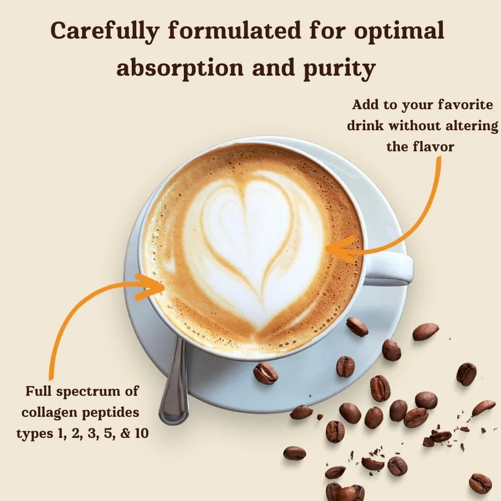 Cup of coffee with latte art, surrounded by coffee beans, on a beige background.