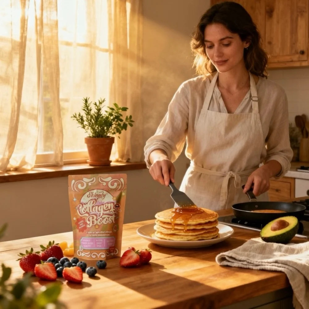 Woman in a kitchen making pancakes with a bag of flour and fruits on the counter.