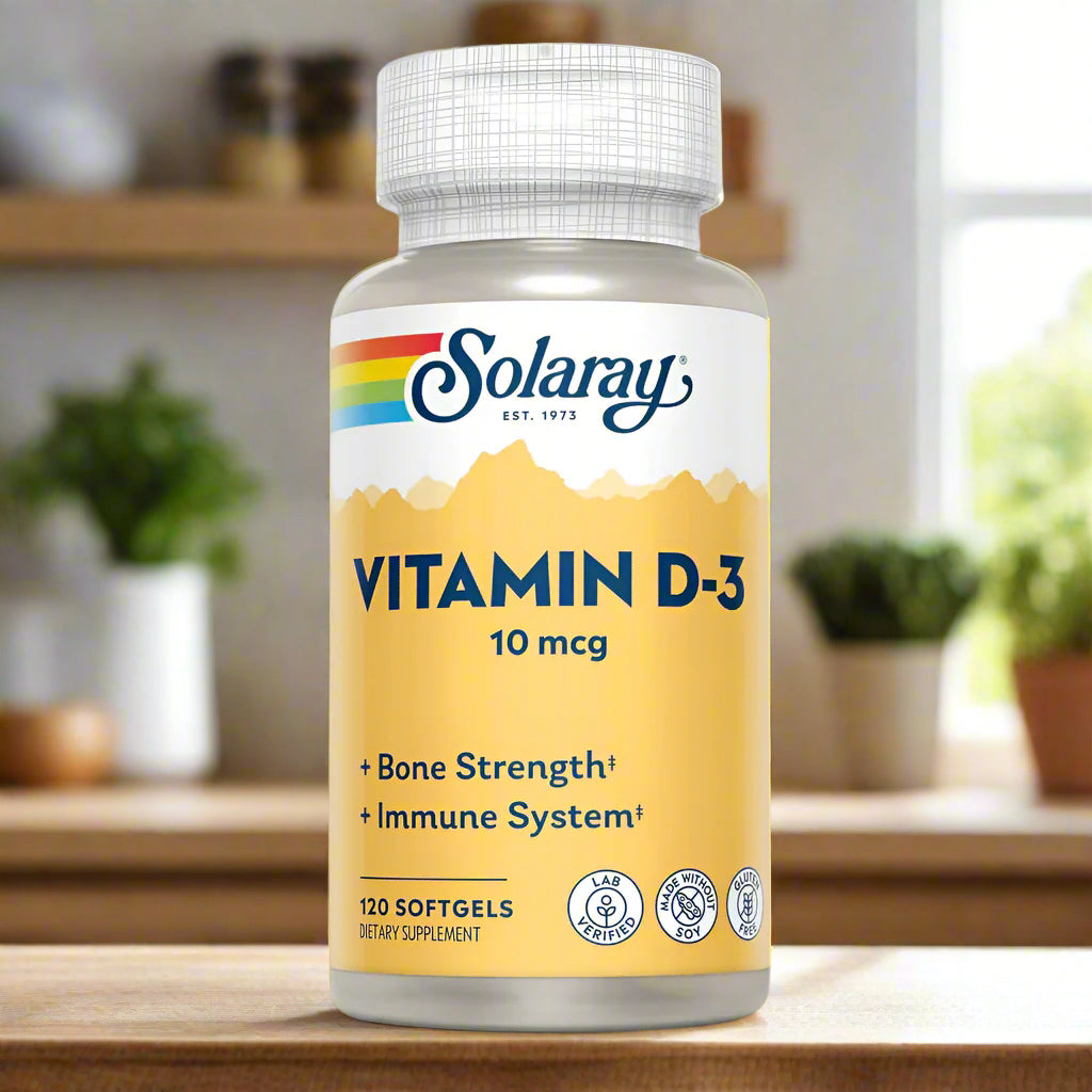 Solaray D-3 10 mcg Supplement Bottle. 