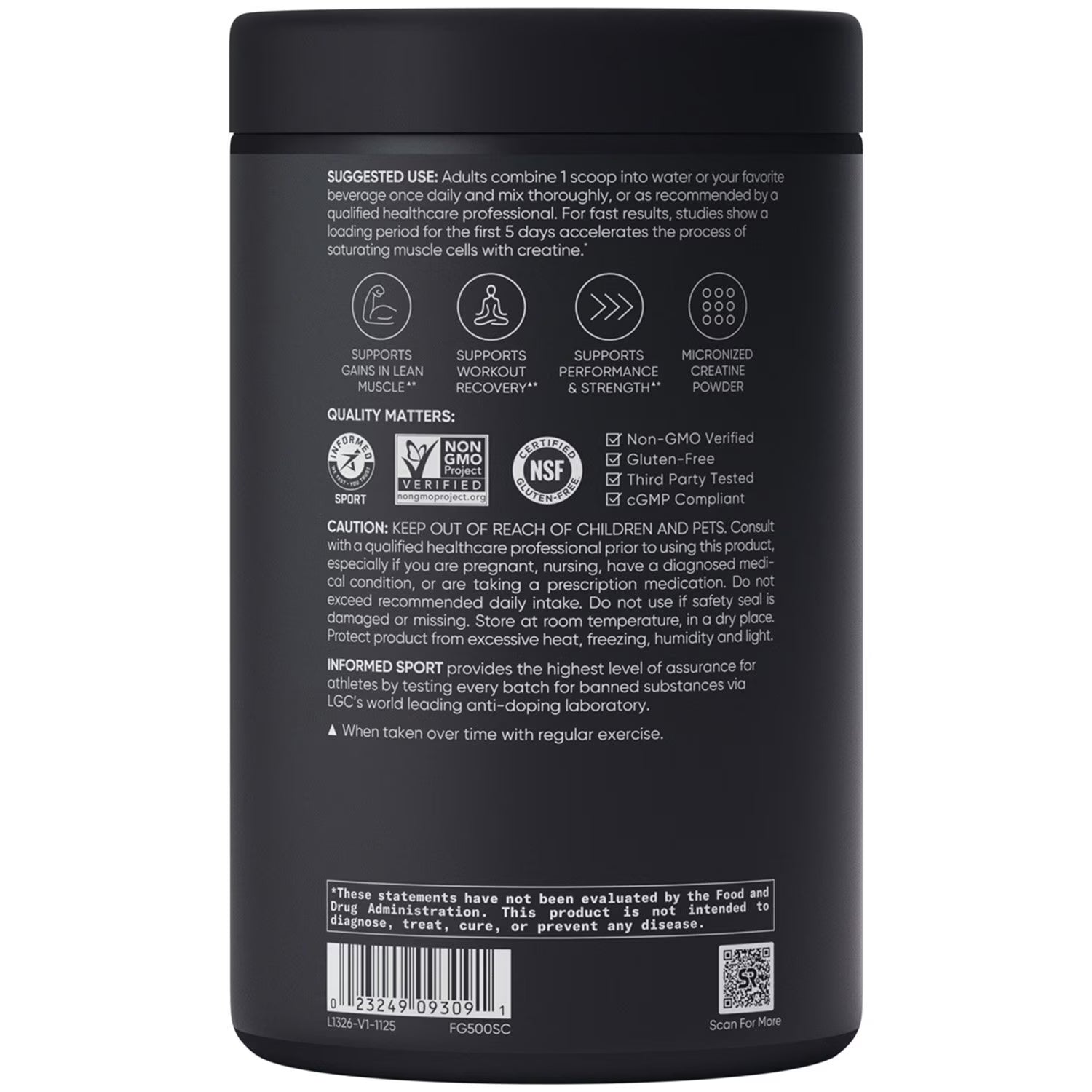 Sports Research Black supplement container with text and icons on a white background