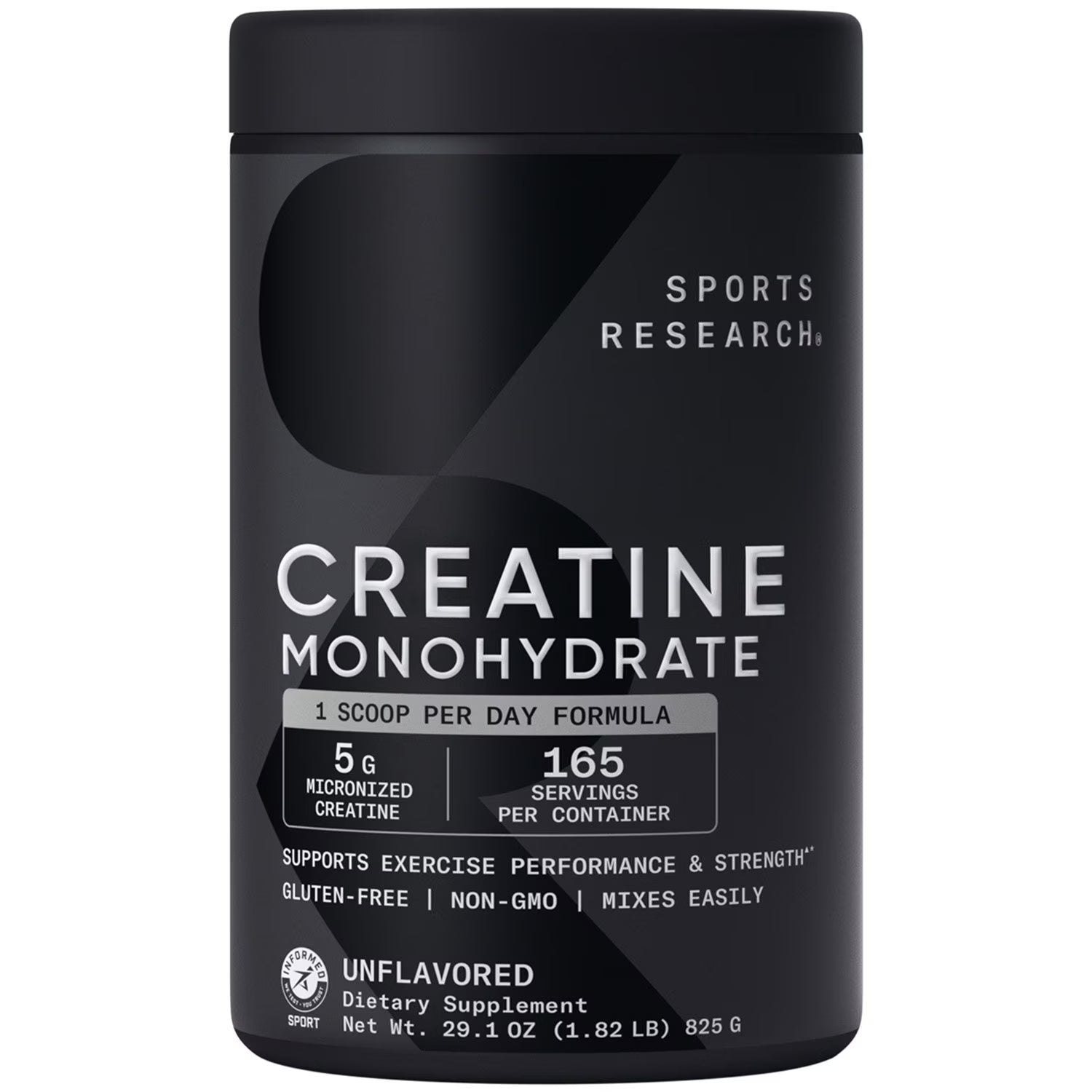Black container of Sports Research Creatine Monohydrate supplement on a white background