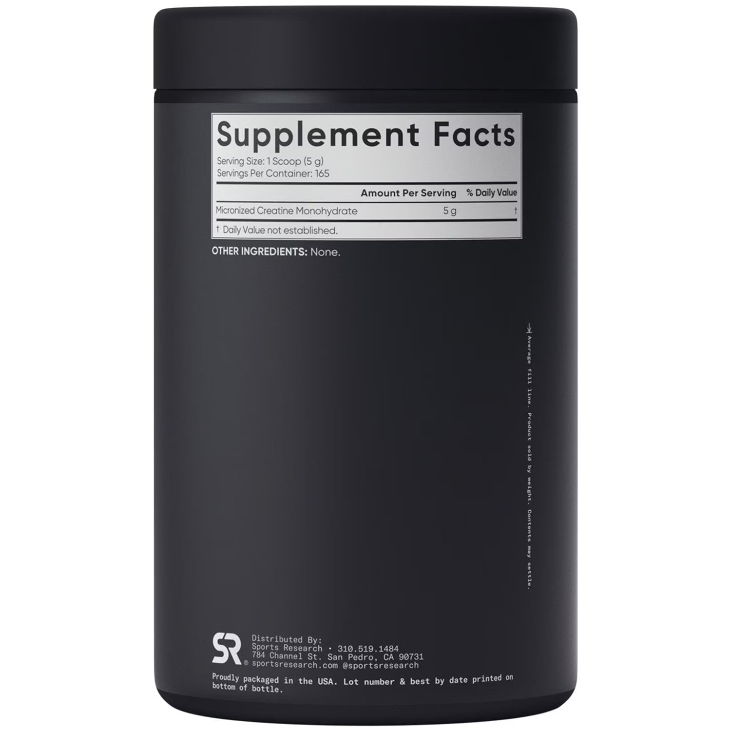 Sport Research Black supplement container with 'Supplement Facts' label on a white background