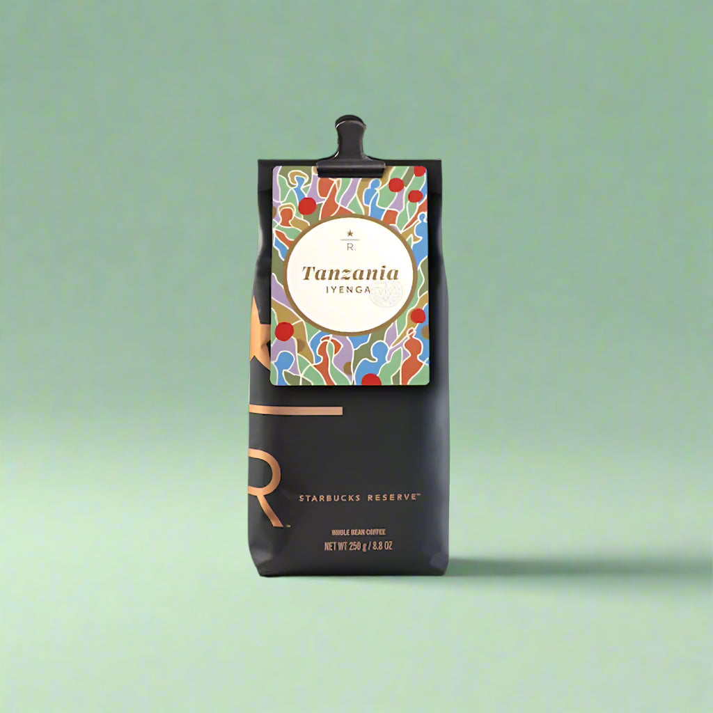 Starbucks Reserve Tanzania Iyenga coffee bag on a dark green background