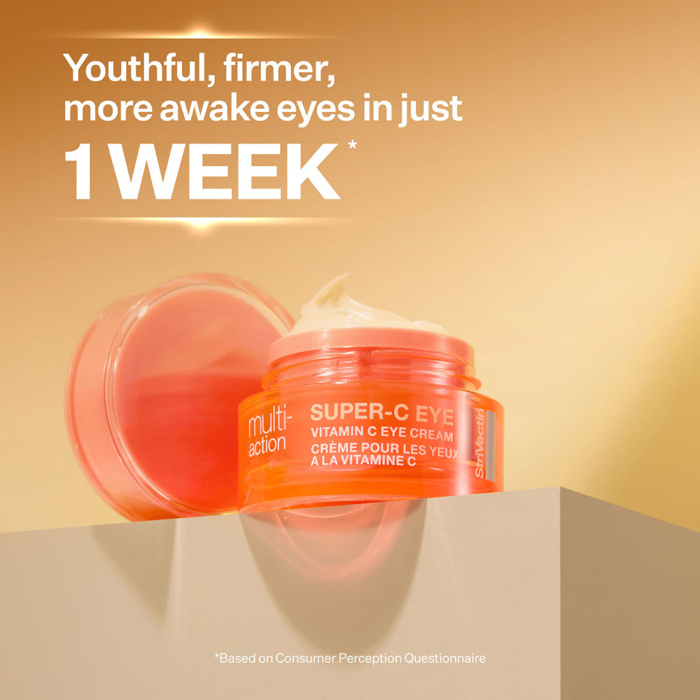 Orange eye cream jar with text on a beige background