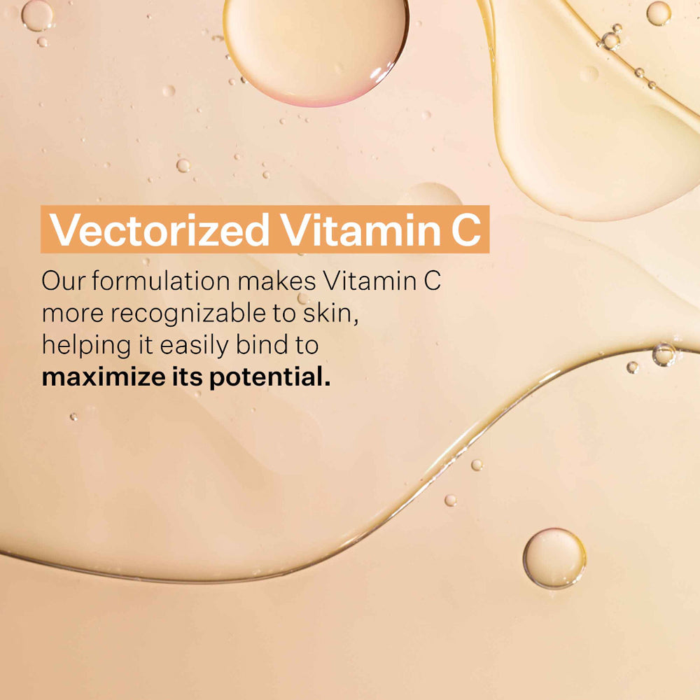 Text about vectorized vitamin C with a close-up of liquid droplets on a beige background