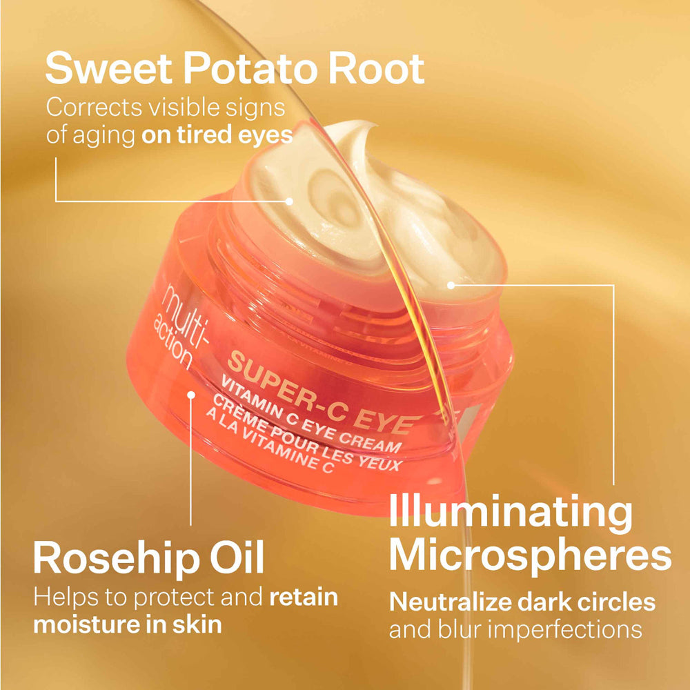 Eye cream with text highlighting ingredients and benefits on a gold background