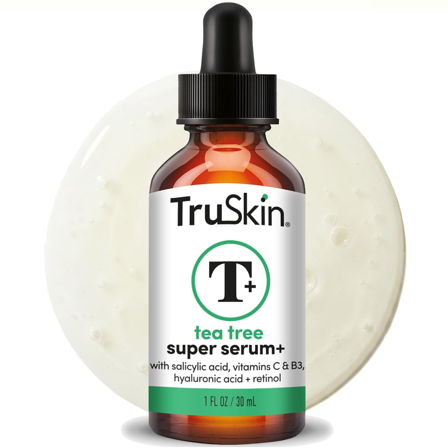 TruSkin tea tree super serum bottle with dropper on a white background