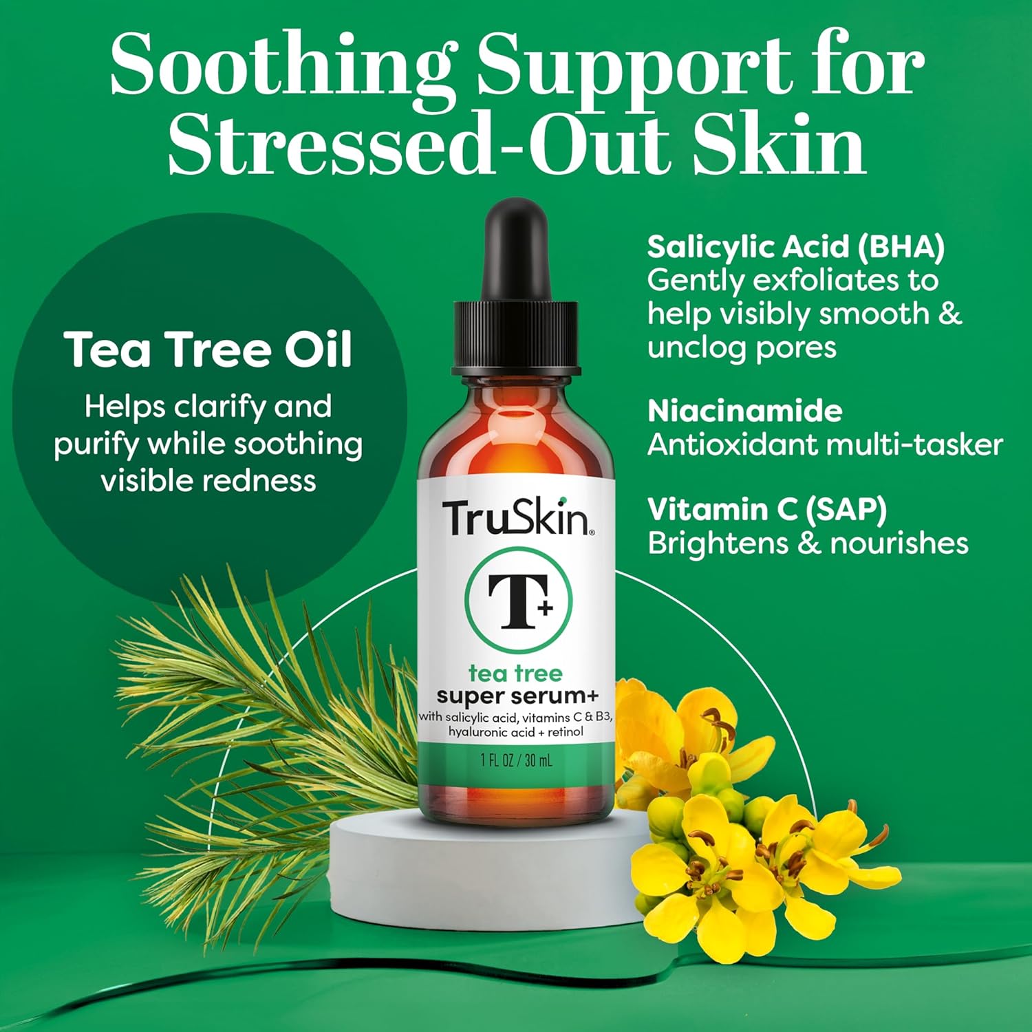 TruSkin tea tree super serum bottle with tea tree oil and yellow flowers on a green background