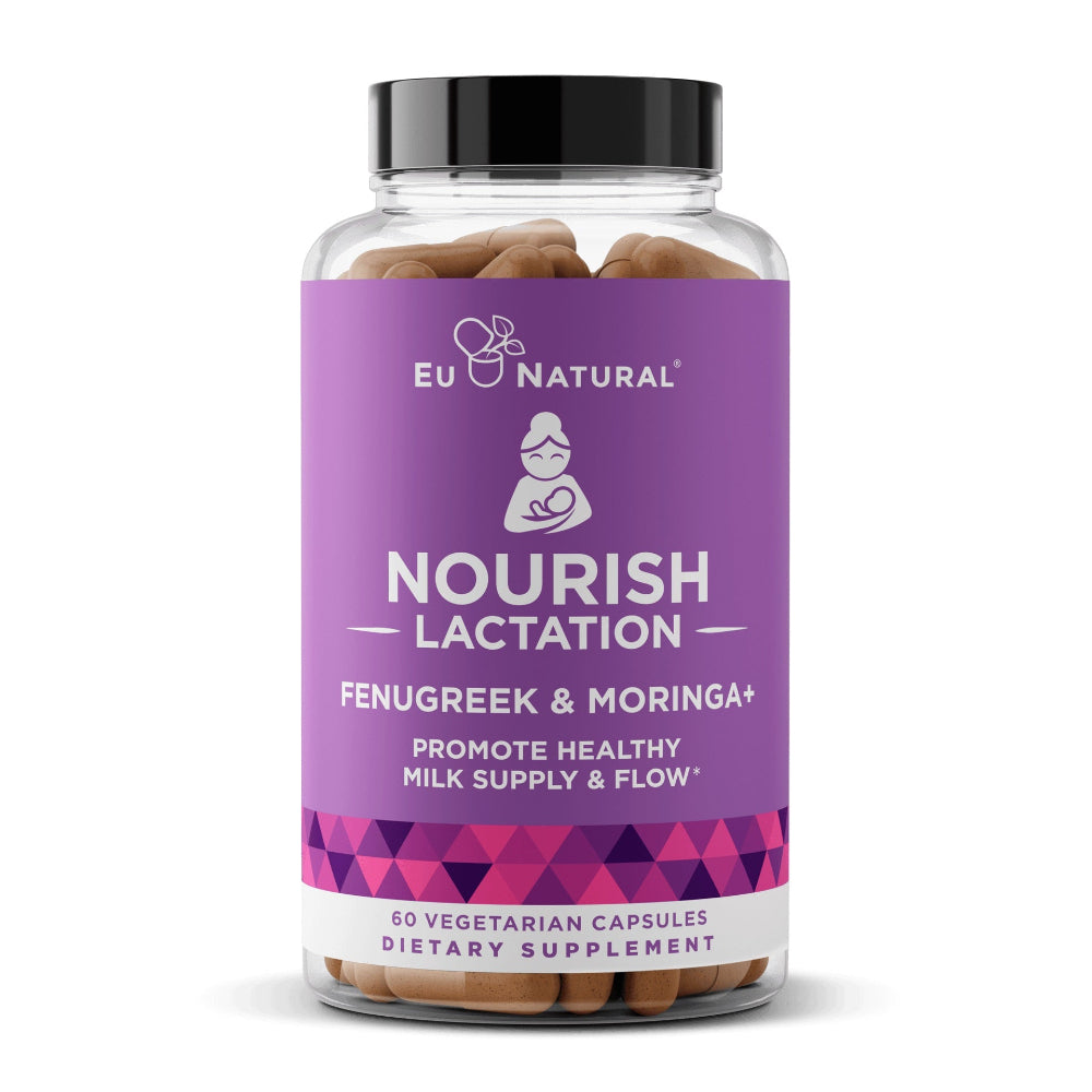 EU Natural supplement bottle labeled 'Nourish Lactation' with purple label and black cap on a white background