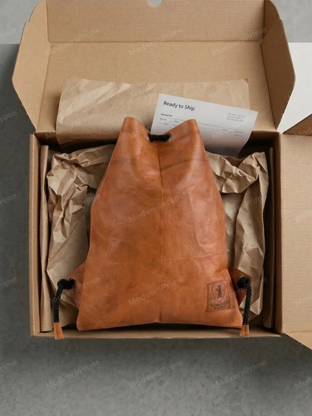 Berliner Men's Tan Genuine Goat Leather Drawstring Gym Backpack