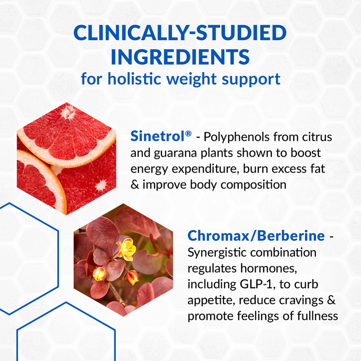 Biotrust Metaboboost  advertisement for clinically-studied ingredients for holistic weight support with images of a grapefruit and a plant.