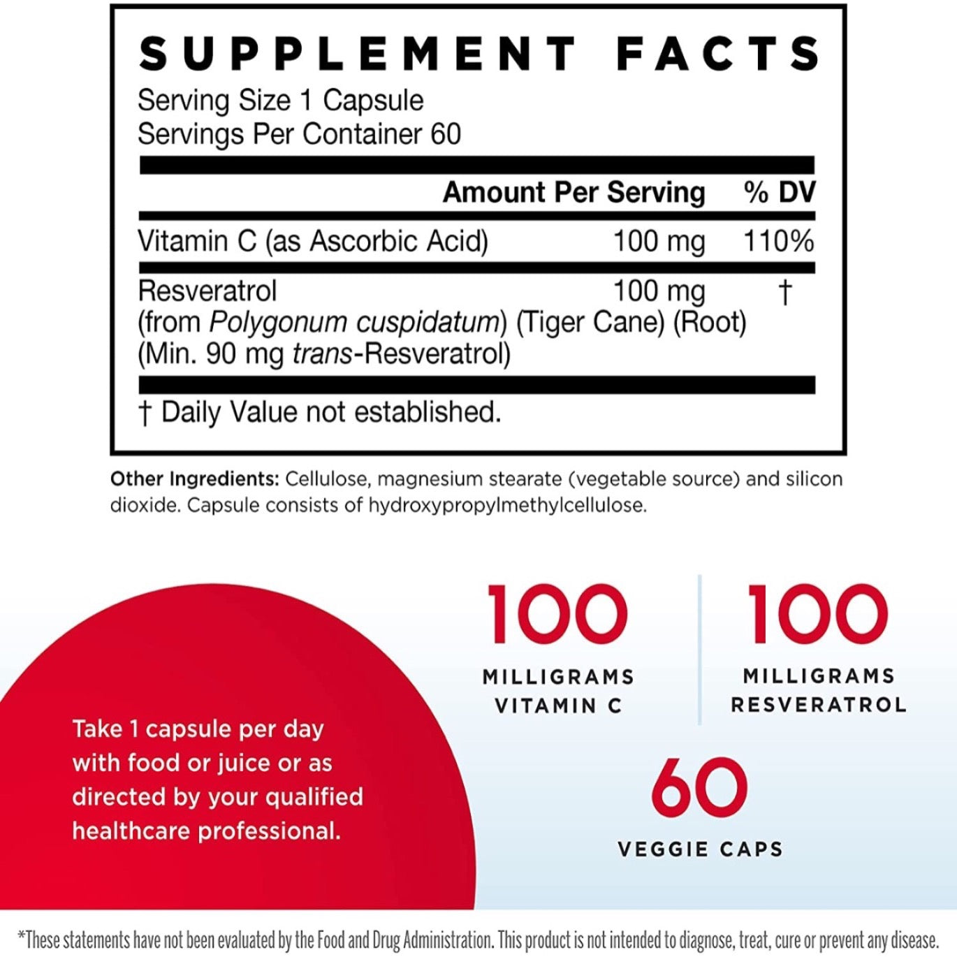 Jarrow Formulas Resveratrol 100mg 60 Veggie Caps - Supplement Facts.