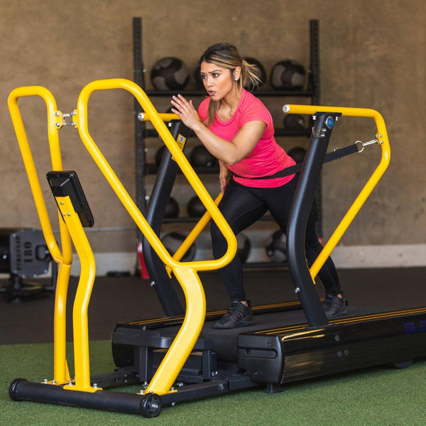 High intensity resistance parachute runs with the speed harness on the Abs Sled Mill.