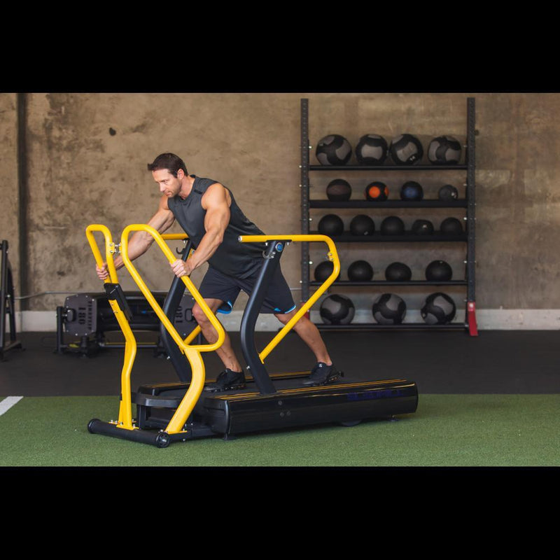 Power training with multiple hand grips on the Abs Sled Mill.