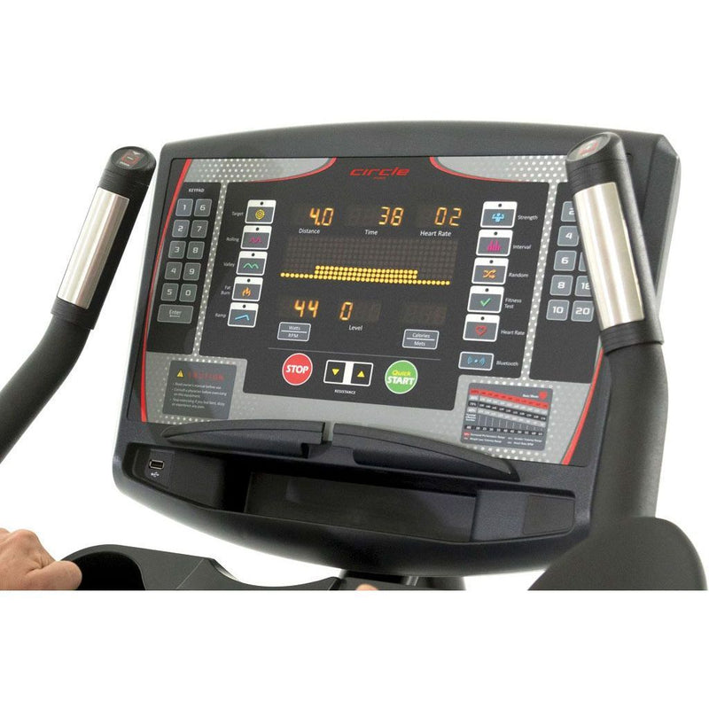 Circle Fitness B7 Self-Powered Upright Bike Screen.