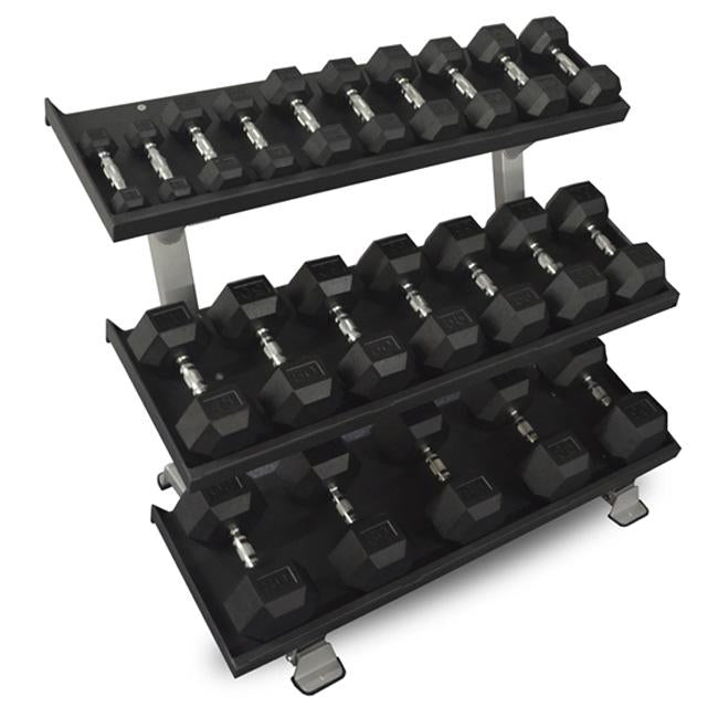 Inflight Fitness Commercial 3-Tier 54" Dumbbell Rack shown with 5 to 50 lb dumbbells.