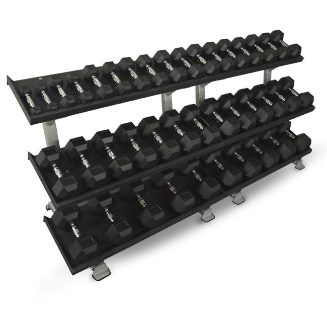 Inflight Fitness Commercial 3 Tier 108" Dumbbell Rack system with 5-100lb rubber dumbbells.
