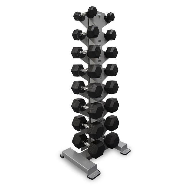 Inflight Fitness 8-Pair Vertical Dumbbell Rack shown with 5-40 rubber dumbbells. 