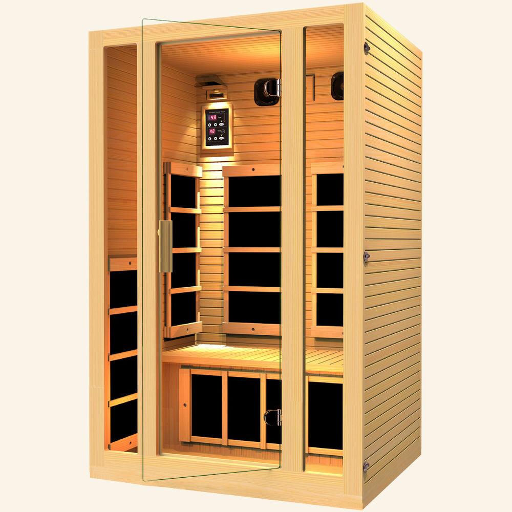 JNH LifeStyles Joyous 2 Person Infrared Sauna made out of 100% Canadian Hemlock Wood.