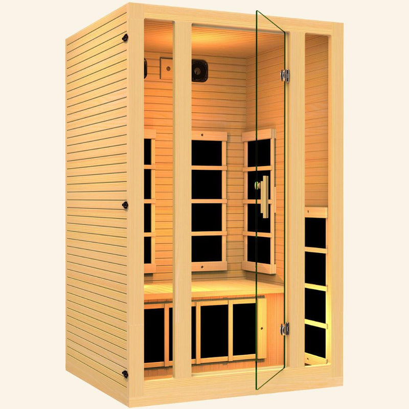 JNH LifeStyles Joyous 2 Person Infrared Sauna with a glass see-through door.