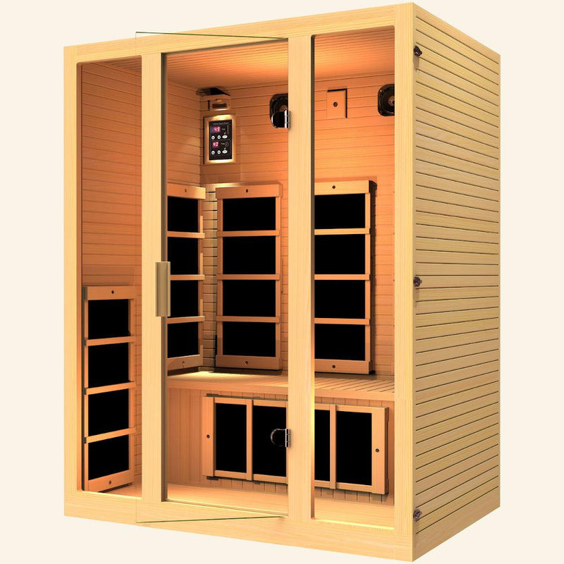 JNH LifeStyles Joyous 3 Person Infrared Sauna made out of 100% Canadian Hemlock Wood.