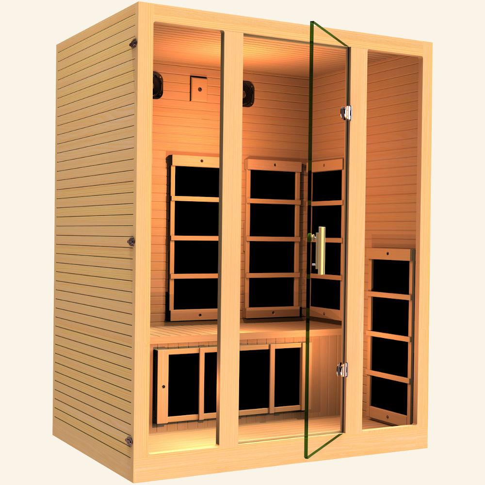 JNH LifeStyles Joyous 3 Person Infrared Sauna with a glass see-through door.