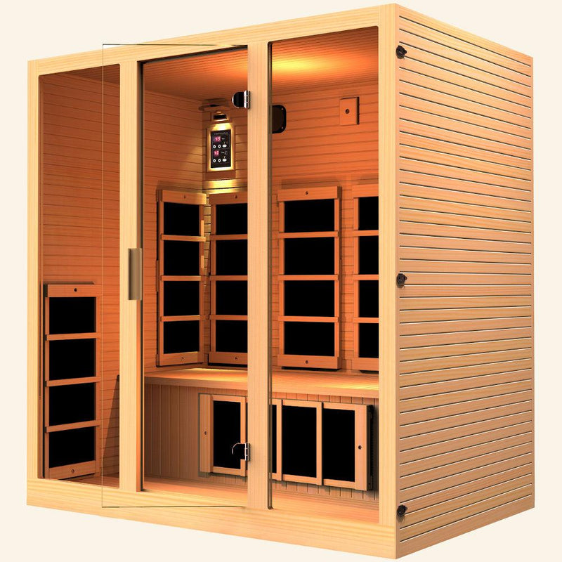 JNH LifeStyles Joyous 4 Person Infrared Sauna made out of 100% Canadian Hemlock Wood.