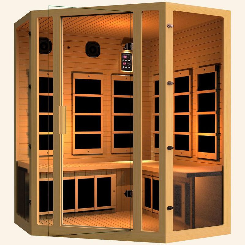 JNH LifeStyles Joyous Corner Infrared Sauna made out of 100% Canadian Hemlock Wood.
