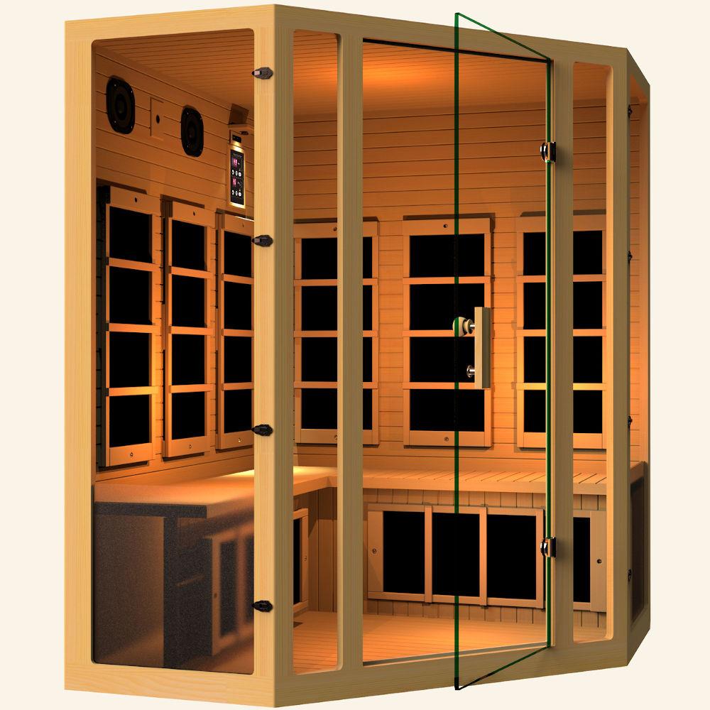 JNH LifeStyles Joyous Corner Infrared Sauna with a glass see-through door.