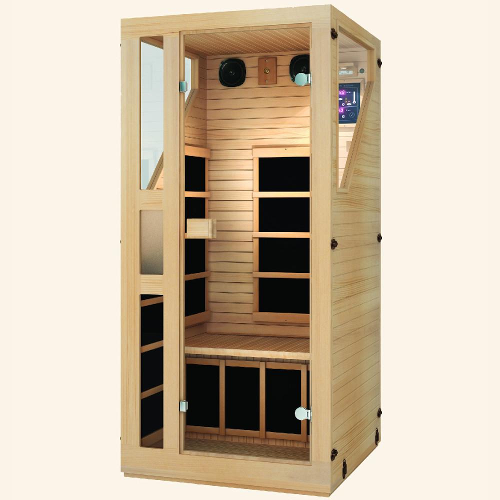 JNH LifeStyles Ensi 1 Person Infrared Sauna made from premium Canadian Hemlock and Zero EMF reading.