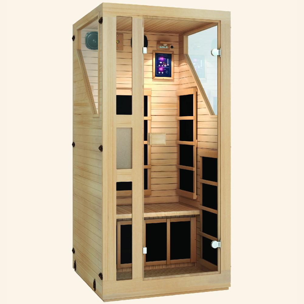 JNH LifeStyles Ensi 1 Person Infrared Sauna with a see-through door and dual wall insulation.