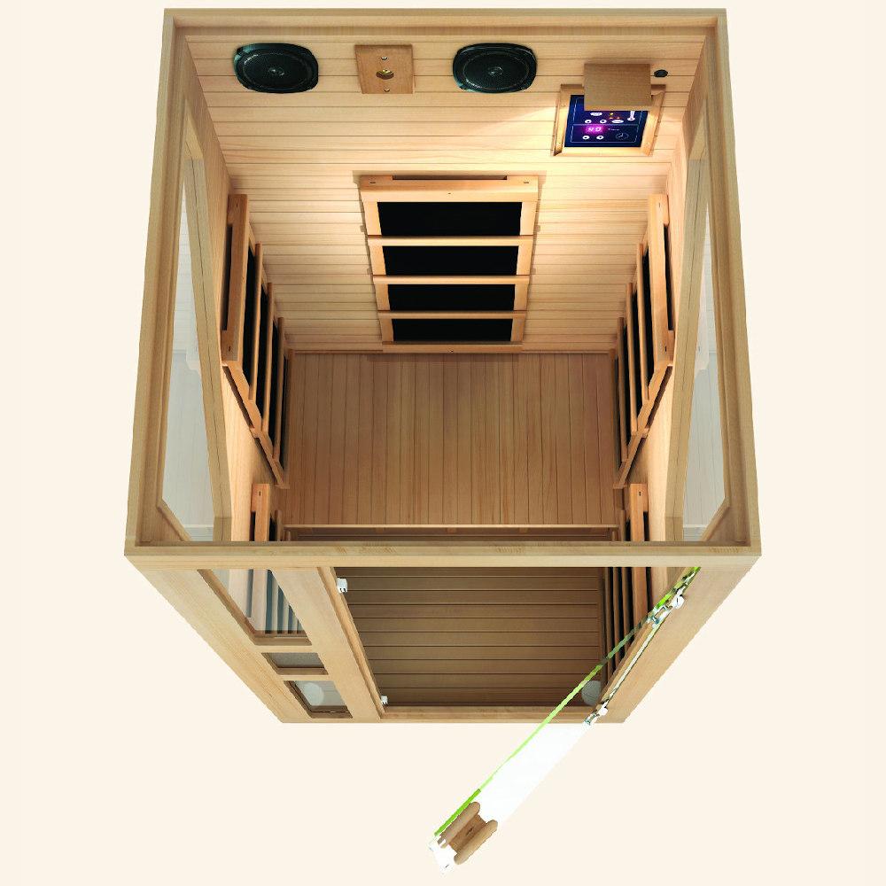 JNH LifeStyles Ensi 1 Person Infrared Sauna featuring premium sound systems and a digital control panel.