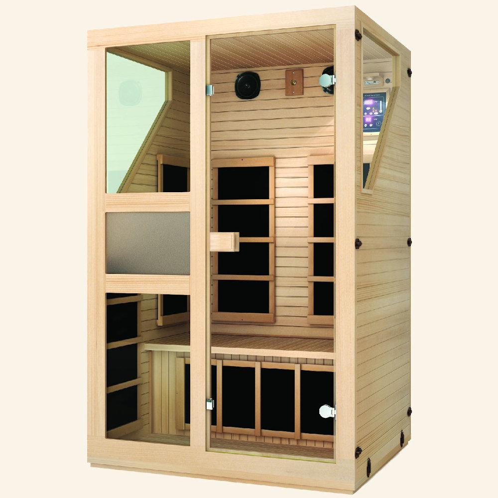 JNH LifeStyles Ensi 2 Person Infrared Sauna made from premium Canadian Hemlock and Zero EMF reading.
