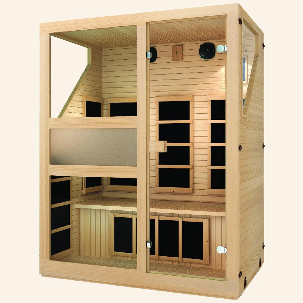 JNH LifeStyles Ensi 3 Person Infrared Sauna made from premium Canadian Hemlock and Zero EMF reading.
