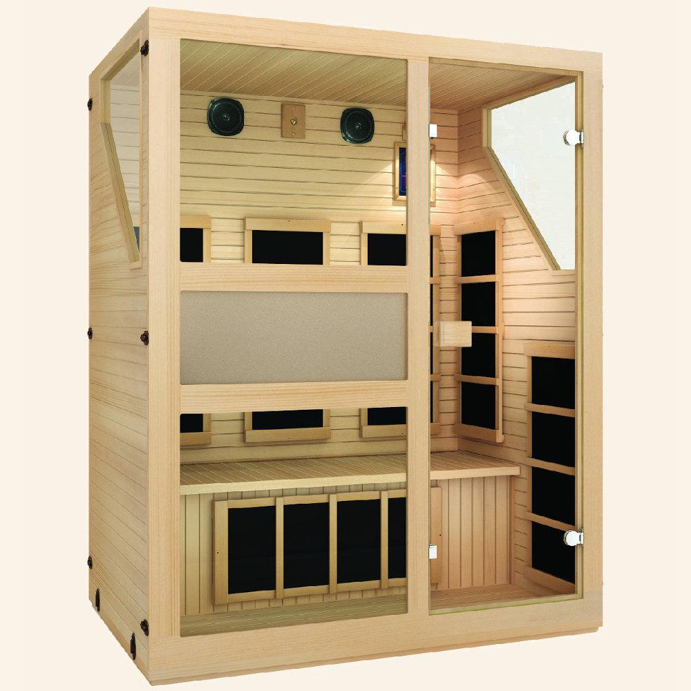 JNH LifeStyles Ensi 3 Person Infrared Sauna with a see-through door and dual wall insulation.