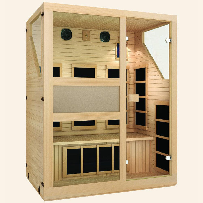JNH LifeStyles Ensi 3 Person Infrared Sauna with a see-through door and dual wall insulation.