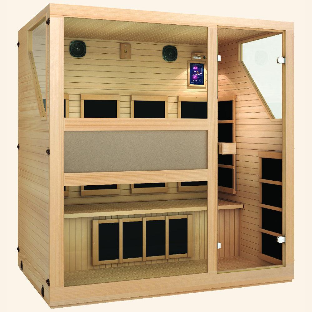JNH LifeStyles Ensi 4 Person Infrared Sauna with a see-through door and dual wall insulation.